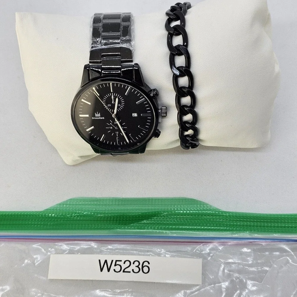 Men's 2 PC Watch Bracelet Set 42MM Black Dial Date Indicator Black‎ Bracelet